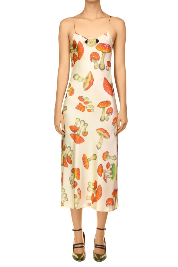 Dresses*Rodarte Cream Mushroom Printed Silk Satin Slip Dress