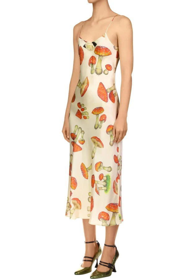 Dresses*Rodarte Cream Mushroom Printed Silk Satin Slip Dress