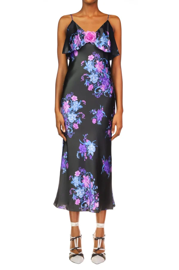 Dresses*Rodarte Floral Printed Satin Charmeuse Bias Slip Dress With Ruffle And Silk Flower Detail