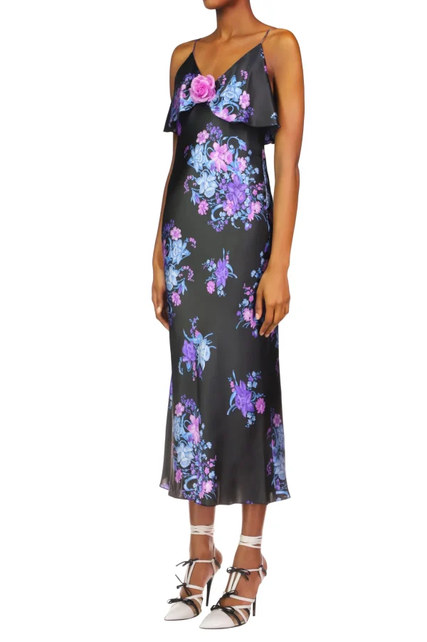 Dresses*Rodarte Floral Printed Satin Charmeuse Bias Slip Dress With Ruffle And Silk Flower Detail