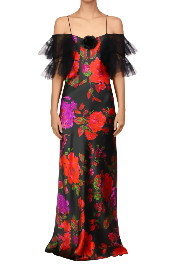 Dresses*Rodarte Floral Printed Silk Bias Slip Gown With Ruffle Sleeves And Silk Flower