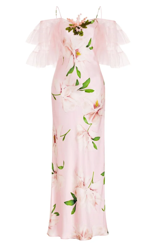 Dresses*Rodarte Floral Printed Silk Bias Slip Dress With Ruffle Sleeves And Silk Flower