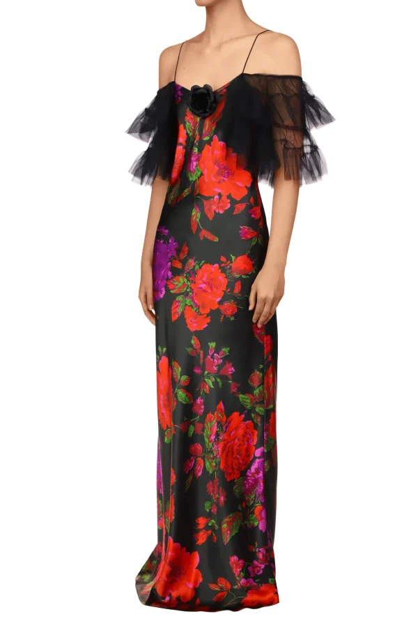 Dresses*Rodarte Floral Printed Silk Bias Slip Gown With Ruffle Sleeves And Silk Flower