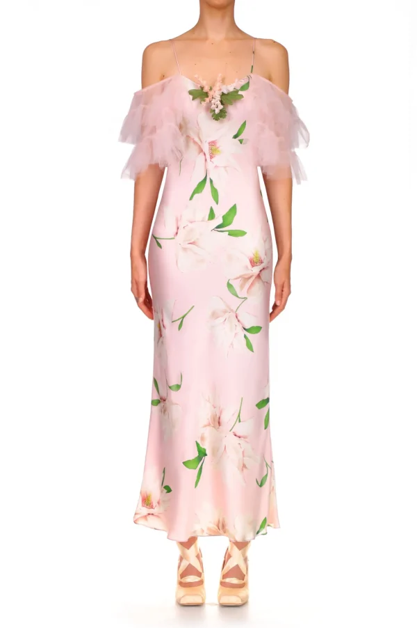 Dresses*Rodarte Floral Printed Silk Bias Slip Dress With Ruffle Sleeves And Silk Flower