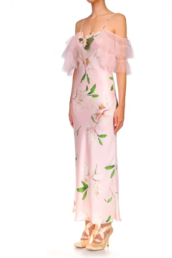 Dresses*Rodarte Floral Printed Silk Bias Slip Dress With Ruffle Sleeves And Silk Flower