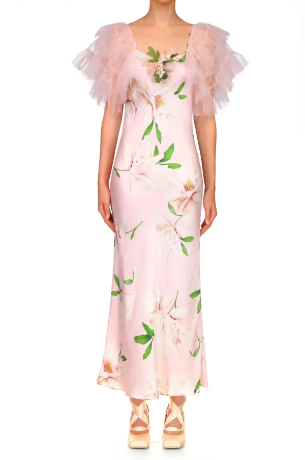 Dresses*Rodarte Floral Printed Silk Bias Slip Dress With Ruffle Sleeves And Silk Flower