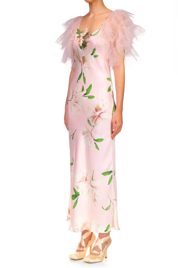 Dresses*Rodarte Floral Printed Silk Bias Slip Dress With Ruffle Sleeves And Silk Flower