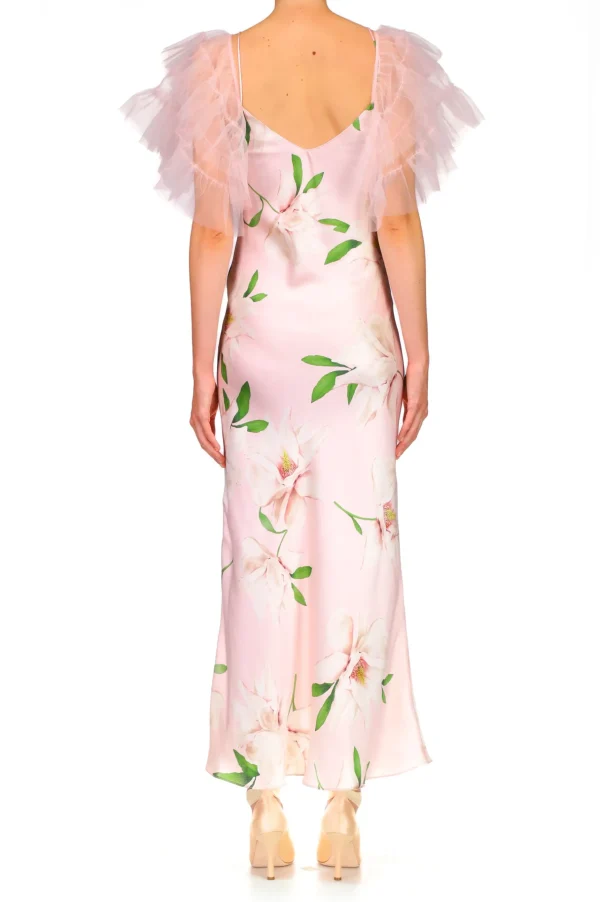 Dresses*Rodarte Floral Printed Silk Bias Slip Dress With Ruffle Sleeves And Silk Flower