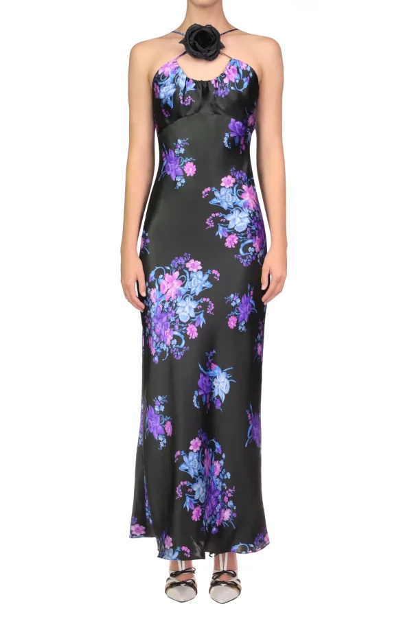 Dresses*Rodarte Floral Printed Silk Satin Bias Halter Dress With Ruched Bust And Silk Flower Detail