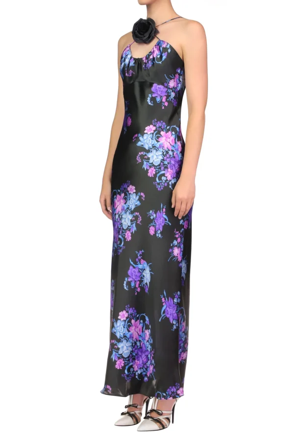 Dresses*Rodarte Floral Printed Silk Satin Bias Halter Dress With Ruched Bust And Silk Flower Detail