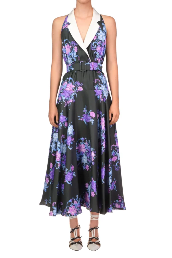 Dresses*Rodarte Floral Printed Silk Twill Collared Halter Dress With Belt Detail