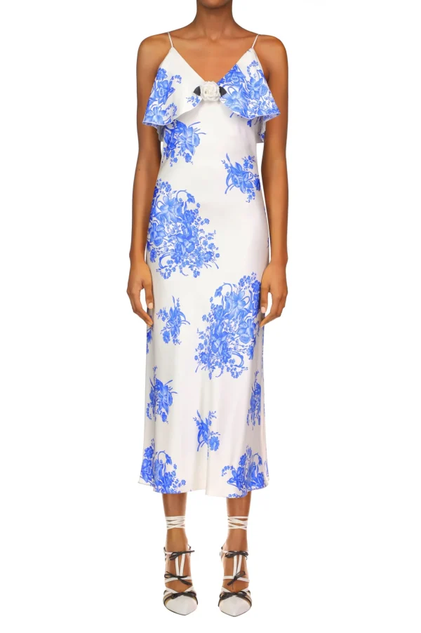 Dresses*Rodarte Floral Printed Silk Twill Bias Slip Dress With Ruffle And Silk Flower Detail