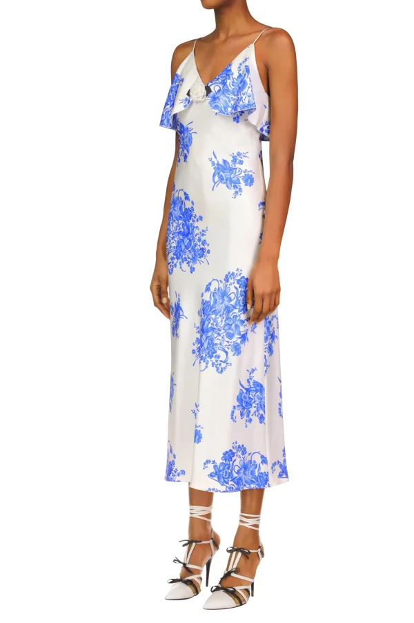 Dresses*Rodarte Floral Printed Silk Twill Bias Slip Dress With Ruffle And Silk Flower Detail