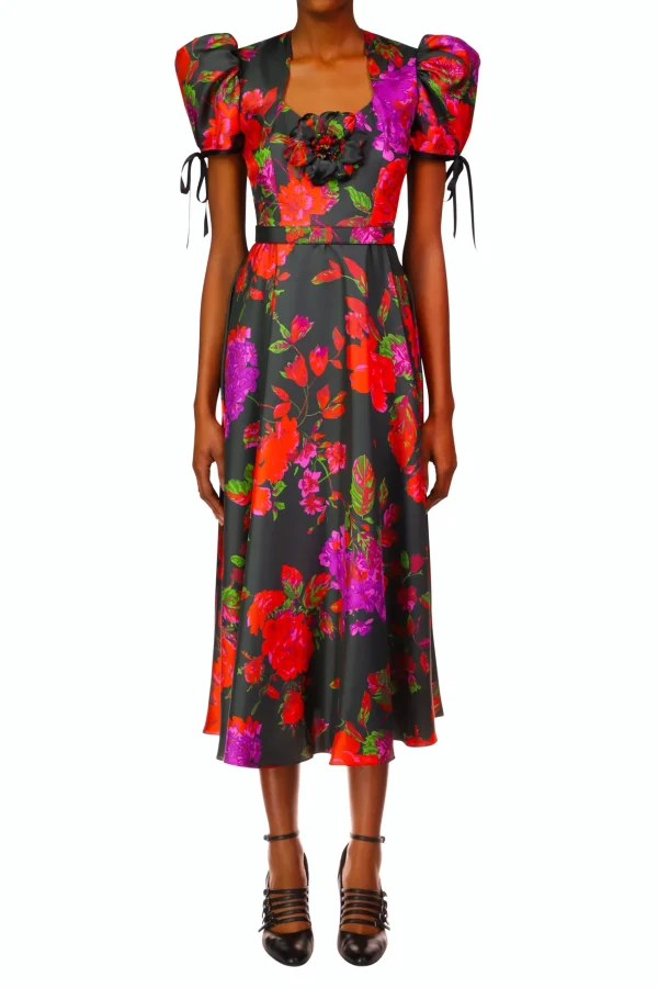 Dresses*Rodarte Floral Printed Twill Dress With Silk Flower