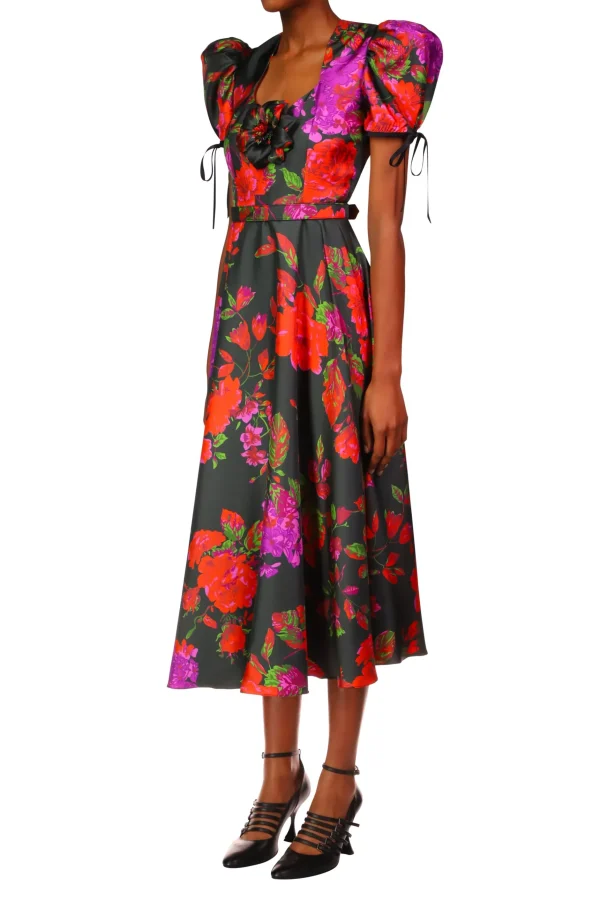 Dresses*Rodarte Floral Printed Twill Dress With Silk Flower