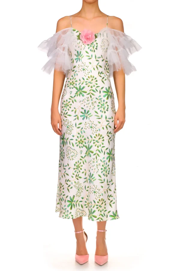 Dresses*Rodarte Green And White Printed Silk Bias Slip Dress With Ruffle Sleeves And Silk Flower