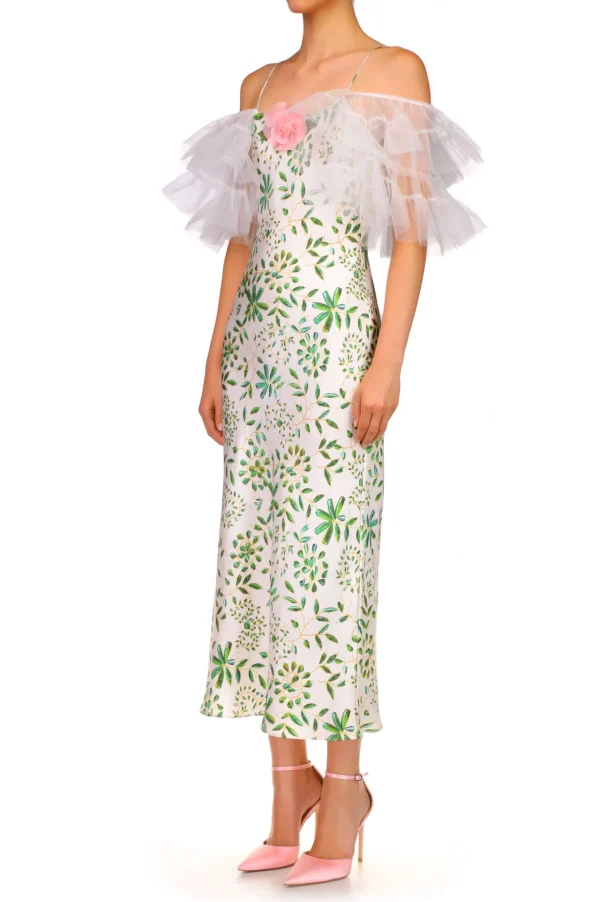 Dresses*Rodarte Green And White Printed Silk Bias Slip Dress With Ruffle Sleeves And Silk Flower