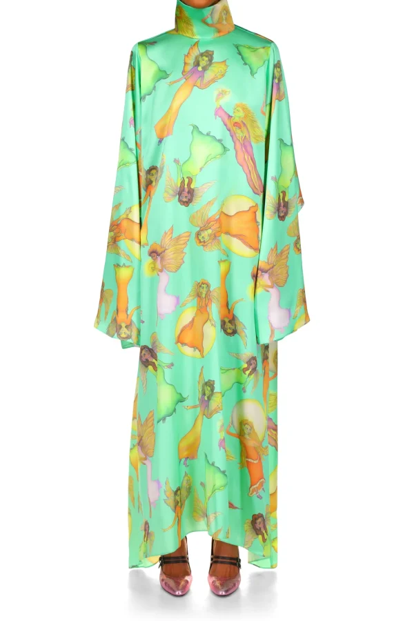 Dresses*Rodarte Green Fairy Printed Silk Satin Tunic Dress