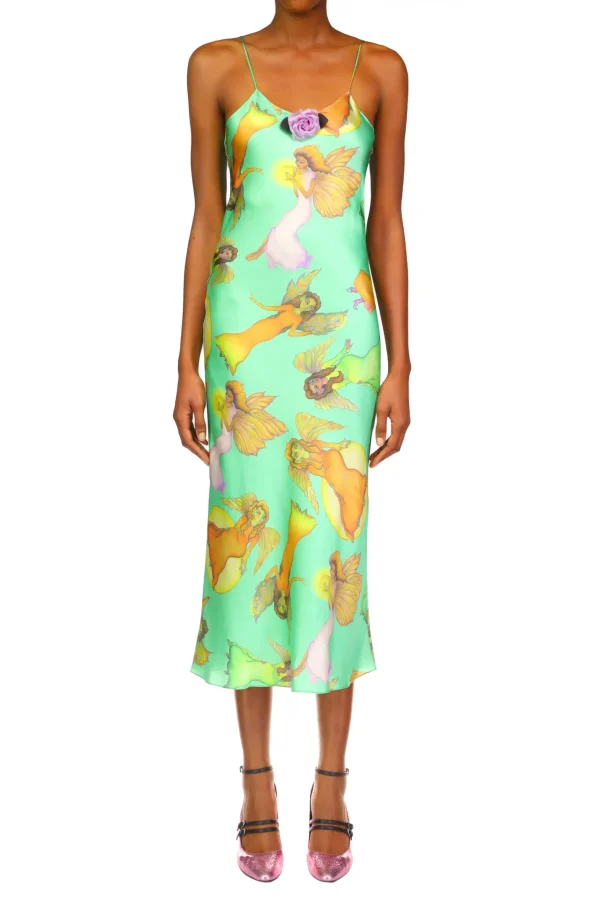 Dresses*Rodarte Green Fairy Printed Silk Satin Bias Slip Dress