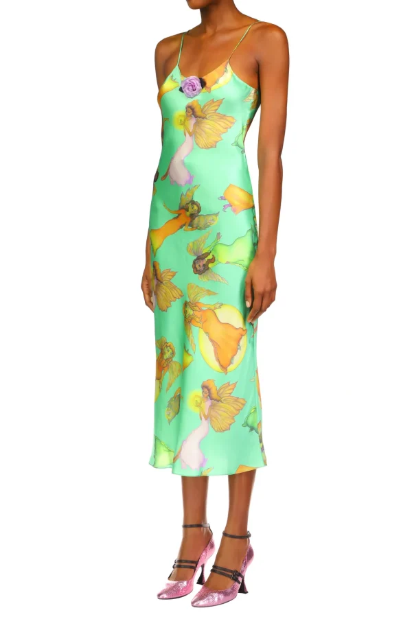 Dresses*Rodarte Green Fairy Printed Silk Satin Bias Slip Dress