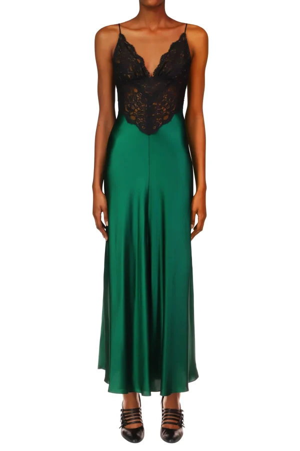 Dresses*Rodarte Green Silk Charmeuse Bias Dress With Black Lace