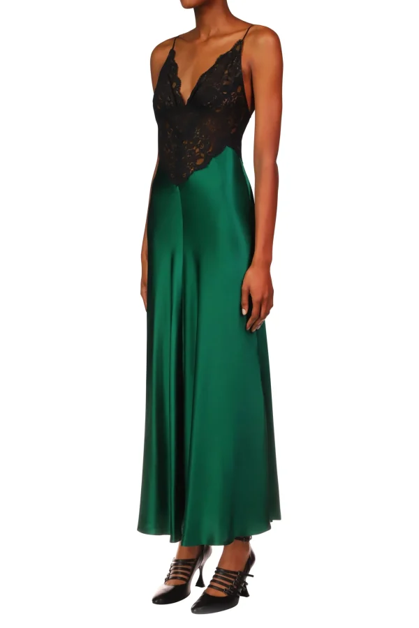 Dresses*Rodarte Green Silk Charmeuse Bias Dress With Black Lace