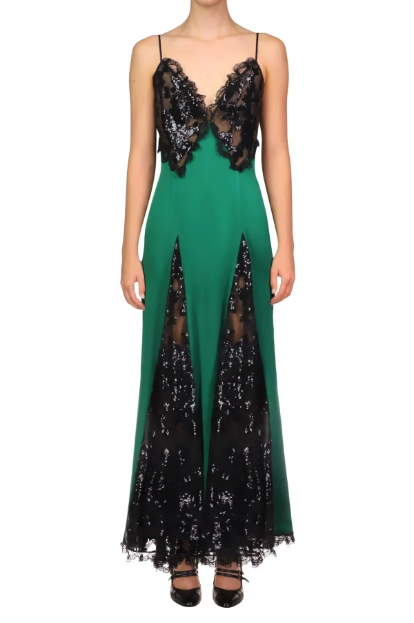 Dresses*Rodarte Green Silk Satin And Black Sequin Dress With Godet And Lace Ruffle