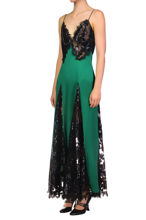 Dresses*Rodarte Green Silk Satin And Black Sequin Dress With Godet And Lace Ruffle