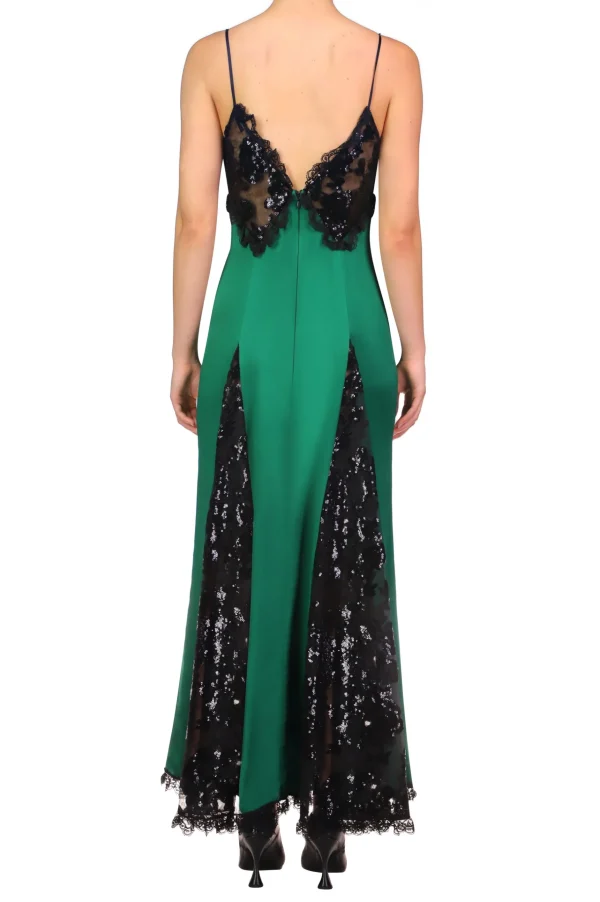 Dresses*Rodarte Green Silk Satin And Black Sequin Dress With Godet And Lace Ruffle