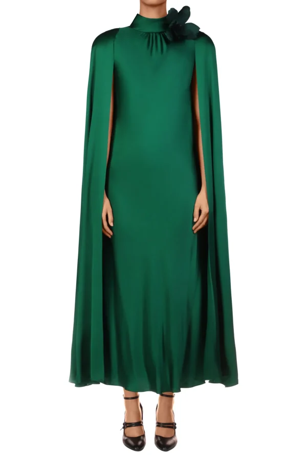 Dresses*Rodarte Green Silk Satin Cape Dress With Flower