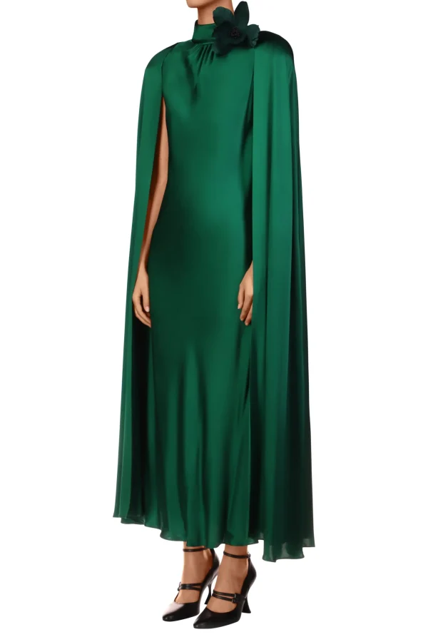 Dresses*Rodarte Green Silk Satin Cape Dress With Flower