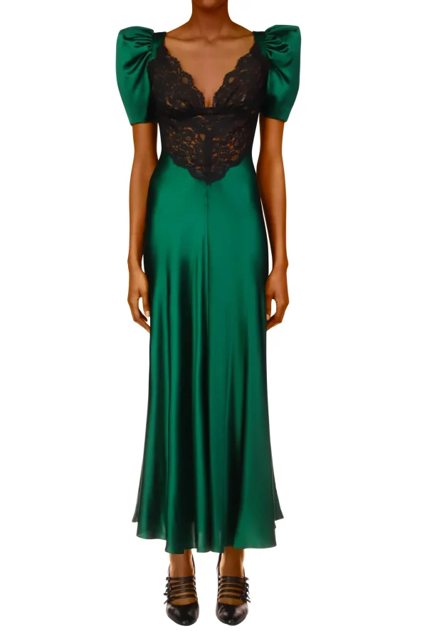 Dresses*Rodarte Green Silk Short Sleeve Dress With Black Lace Details