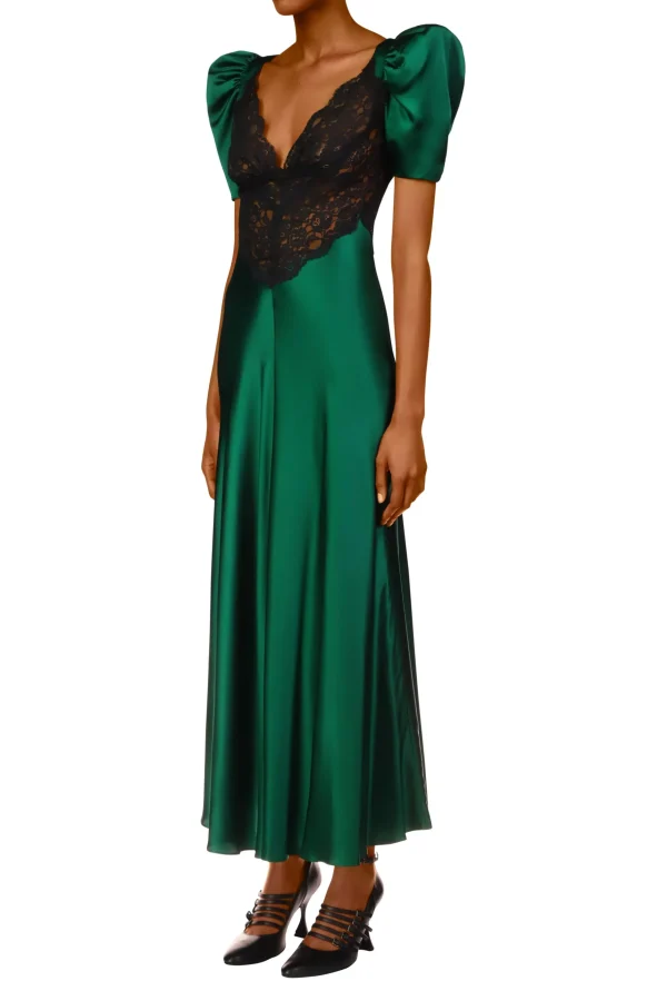 Dresses*Rodarte Green Silk Short Sleeve Dress With Black Lace Details