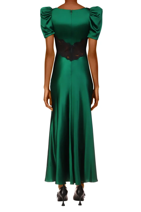 Dresses*Rodarte Green Silk Short Sleeve Dress With Black Lace Details