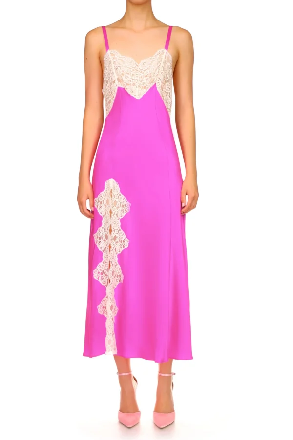 Dresses*Rodarte Hot Pink Silk Satin And Lace Bias Slip Dress