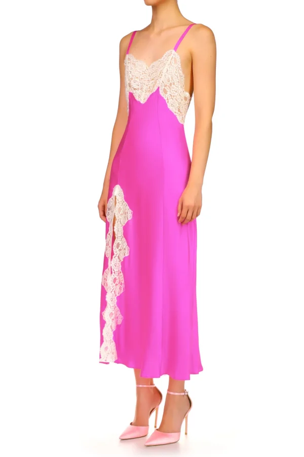 Dresses*Rodarte Hot Pink Silk Satin And Lace Bias Slip Dress