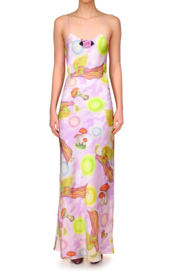 Dresses*Rodarte Lavender Cloud And Fairy Printed Silk Satin Bias Slip Dress