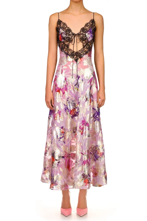 Dresses*Rodarte Lavender Floral Bias Dress With Black Lace