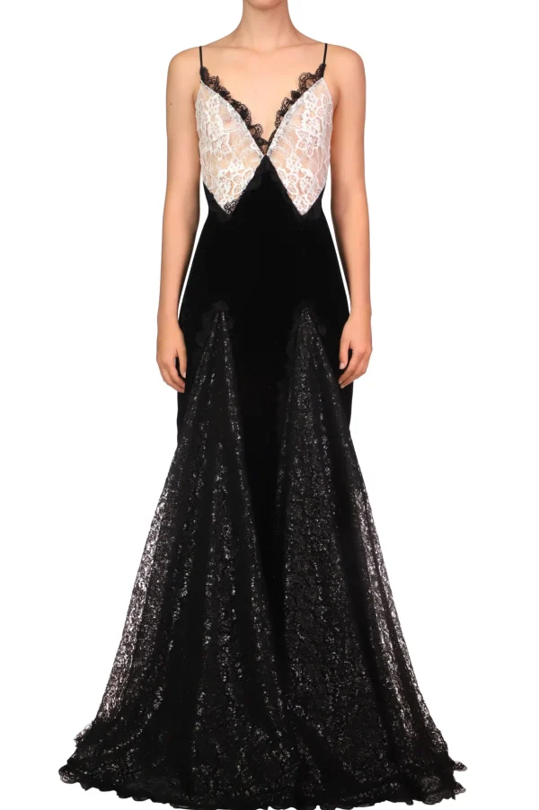 Dresses*Rodarte Metallic Black And White Lace And Velvet Gown With Lace Godets