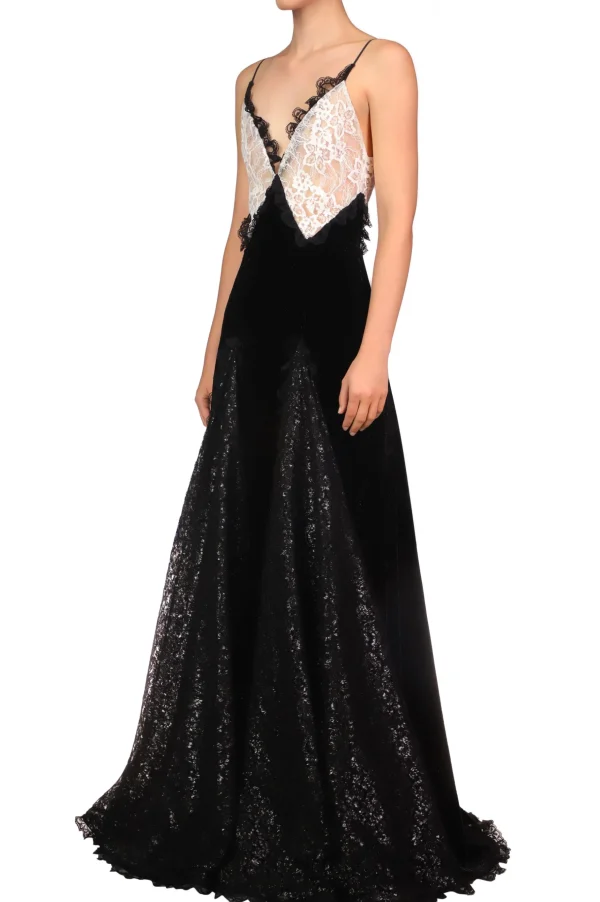 Dresses*Rodarte Metallic Black And White Lace And Velvet Gown With Lace Godets