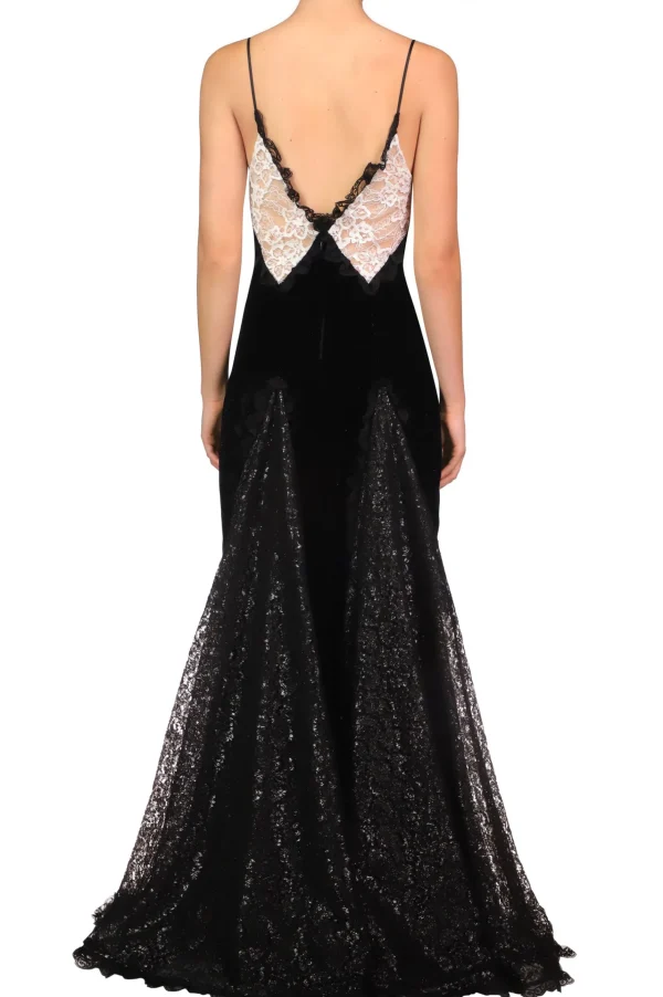 Dresses*Rodarte Metallic Black And White Lace And Velvet Gown With Lace Godets