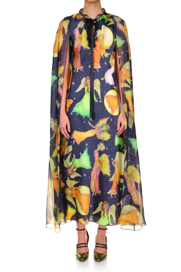 Dresses*Rodarte Midnight Fairy Printed Silk Chiffon And Satin Cape Dress