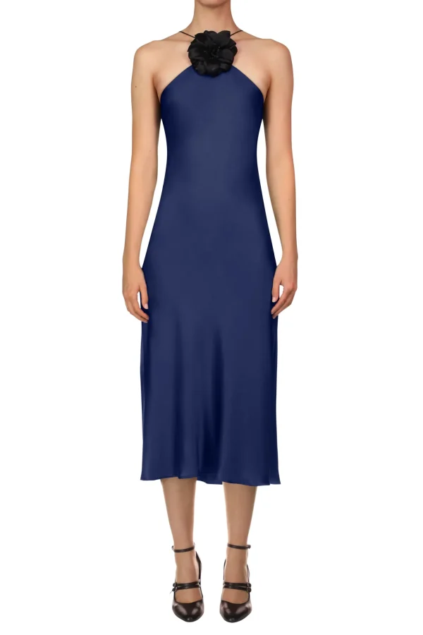 Dresses*Rodarte Navy Silk Satin Halter Dress With Flower