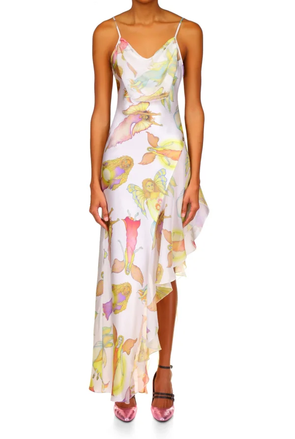 Dresses*Rodarte Off White Fairy Printed Silk Chiffon And Satin Asymetrical Cowl Neck Gown