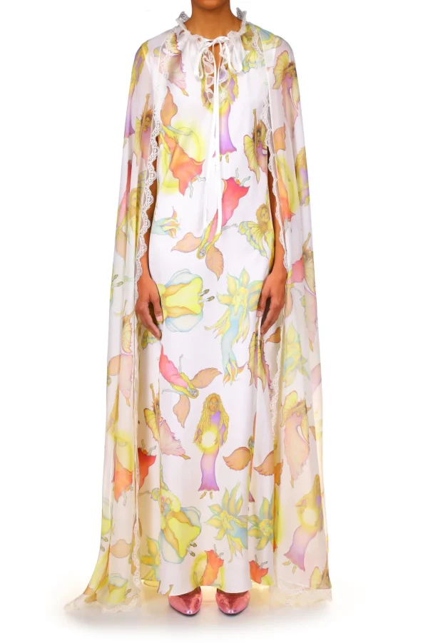 Dresses*Rodarte Off White Fairy Printed Silk Chiffon And Charmeuse Cape Dress