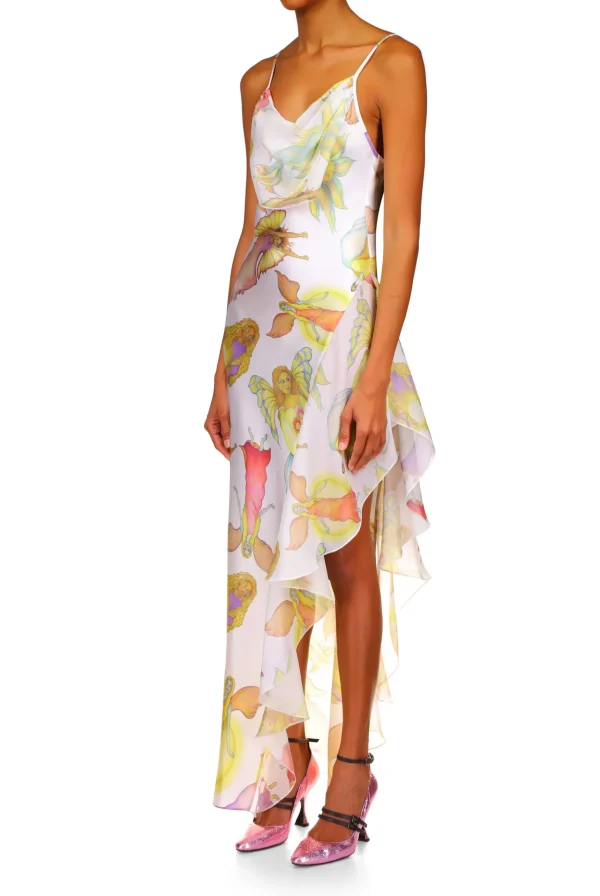 Dresses*Rodarte Off White Fairy Printed Silk Chiffon And Satin Asymetrical Cowl Neck Gown