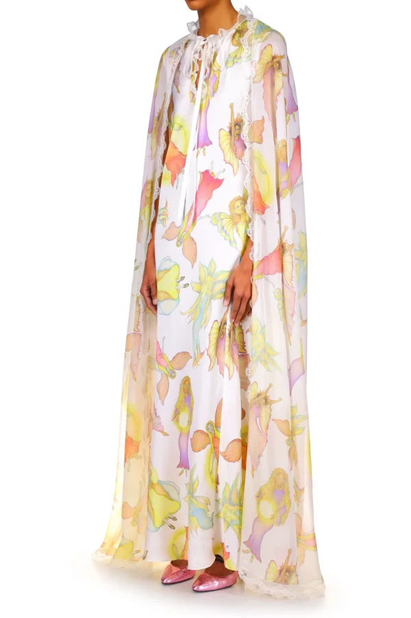 Dresses*Rodarte Off White Fairy Printed Silk Chiffon And Charmeuse Cape Dress