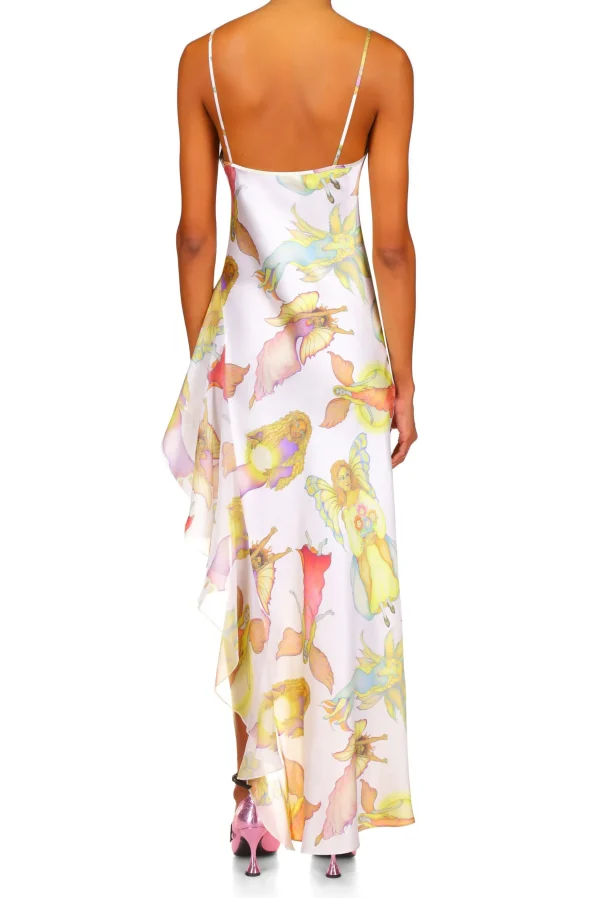 Dresses*Rodarte Off White Fairy Printed Silk Chiffon And Satin Asymetrical Cowl Neck Gown