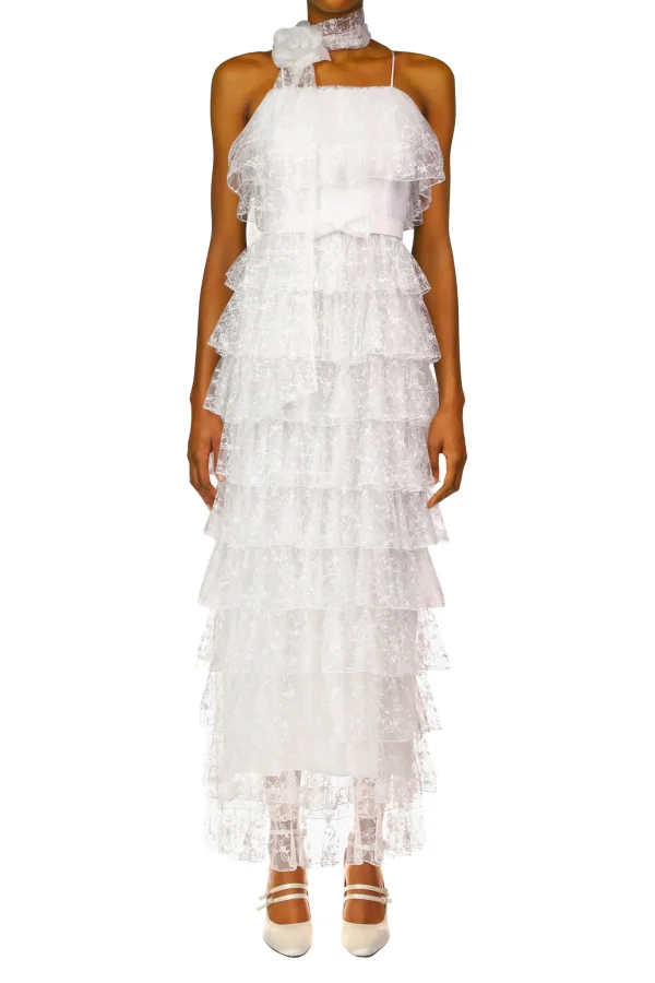 Dresses*Rodarte Off White Floral Tulle Tiered Ruffle Dress