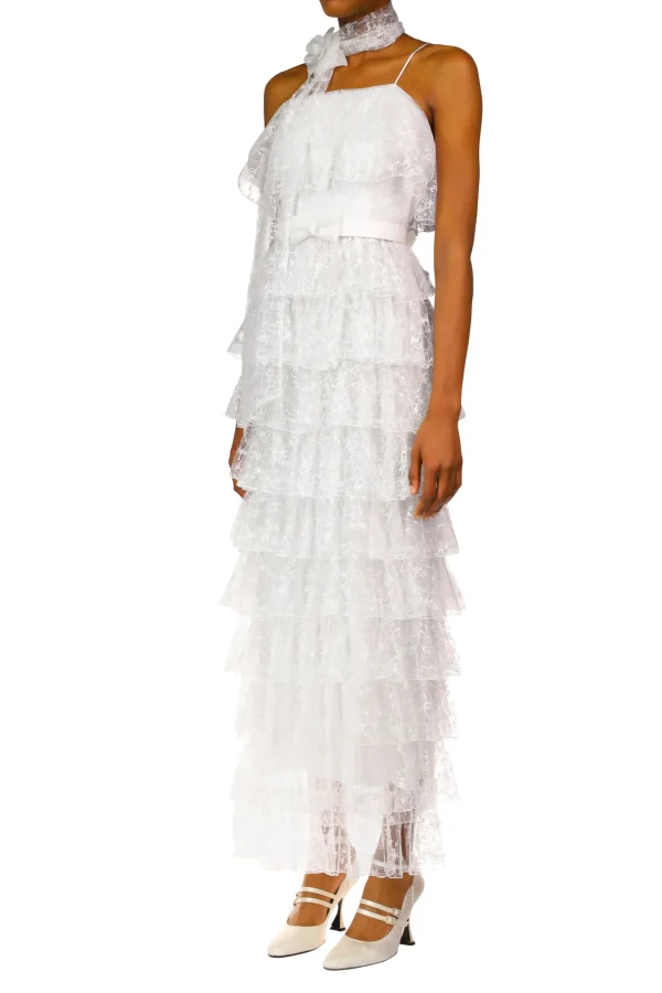 Dresses*Rodarte Off White Floral Tulle Tiered Ruffle Dress